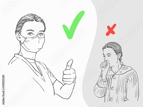 Woman wearing medical mask showing thumb up gesture and coughing woman covering mouth with fist, Coronavirus pandemic prevent illustration, Correct and wrong protection. Hand drawn vector sketch