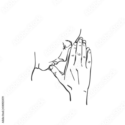 Sketch of isolated face of woman praying with hands folded in worship touching the forehead, head down and eyes closed in hope, Hand drawn vector linear illustration