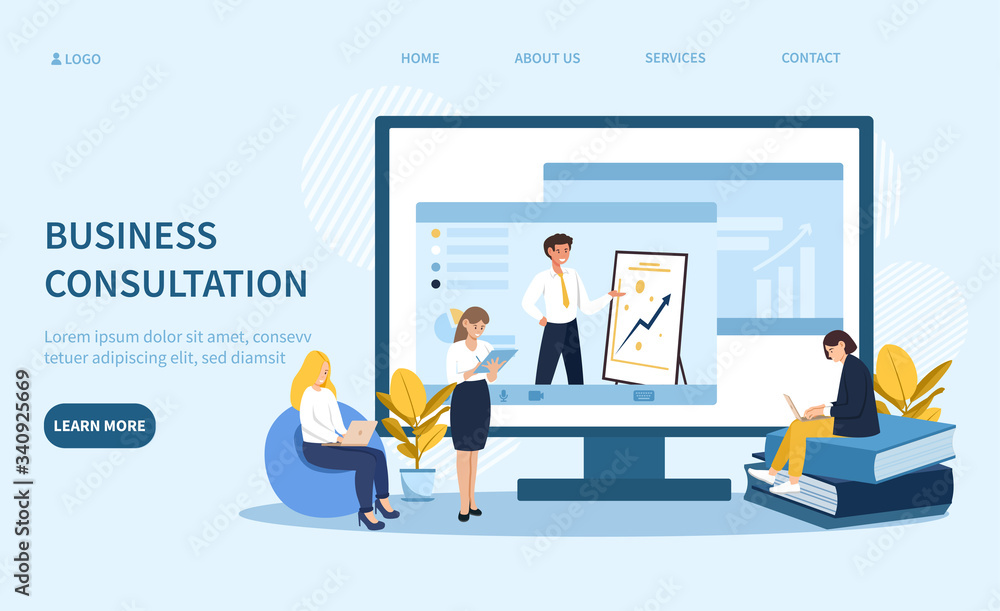 Online business consultation concept with three business colleagues in front of a computer screen with man giving a presentation and room for text with web button, vector illustration Online business consultation concept with three business colleagues in front of a computer screen with man giving a presentation and room for text with web button, vector illustration