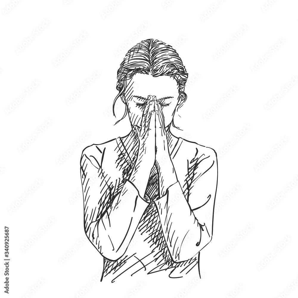 Vetor de Sketch of woman praying with hands folded in worship, eyes
