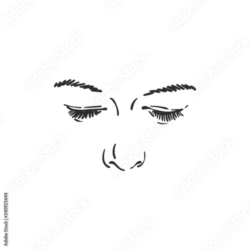 Face features of young woman - closed eyes and nose, Vector sketch isolated on white, Hand drawn linear illustration