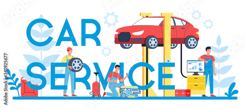 Car service typographic header concept. People repair car using