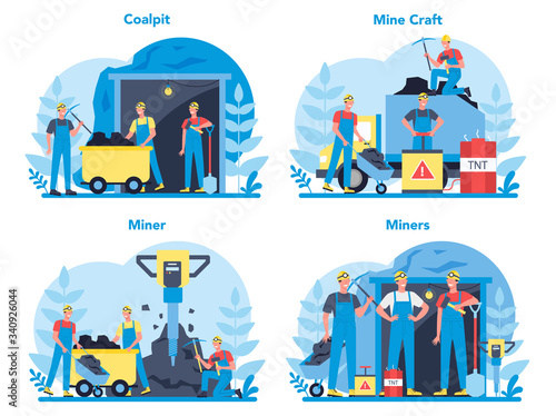 Coal or minerals mining concept set. Worker in uniform and helmet