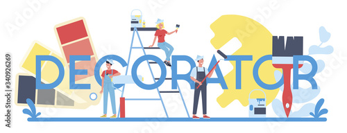 Male and female decorator painter in the uniform typographic header