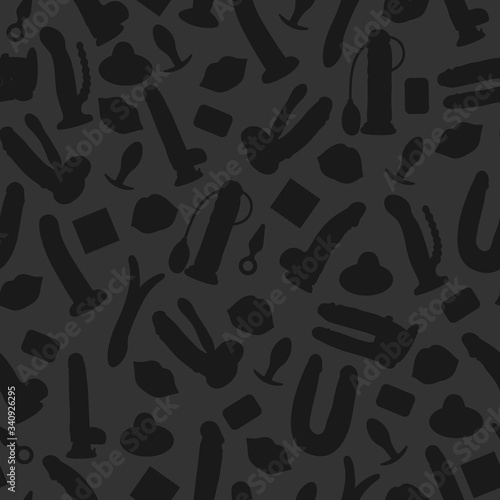 Sex toys, a set of items from a sex shop. Silhouettes of toys for adults. Vector seamless pattern. Endless backgrounds.