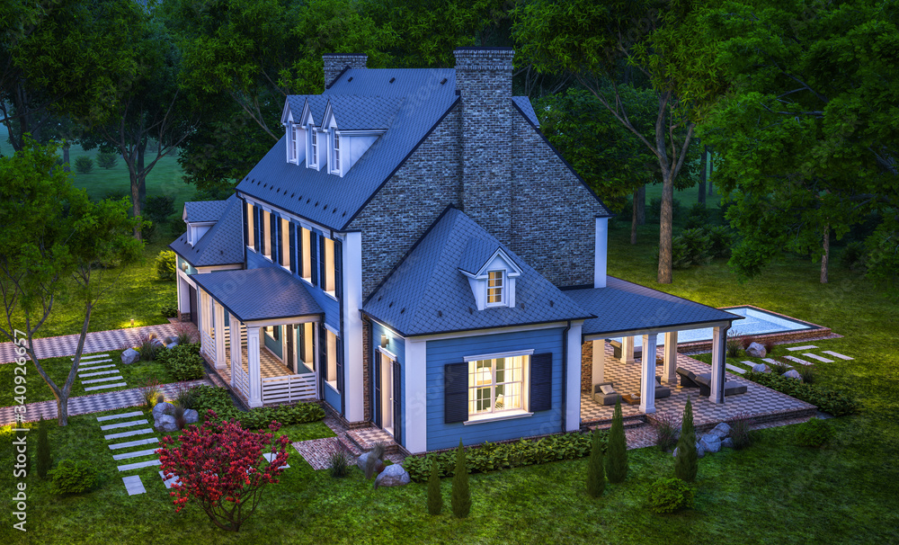 3d rendering of modern cozy classic house in colonial style with garage and pool for sale or rent with beautiful landscaping on background. Clear summer night with many stars on the sky.