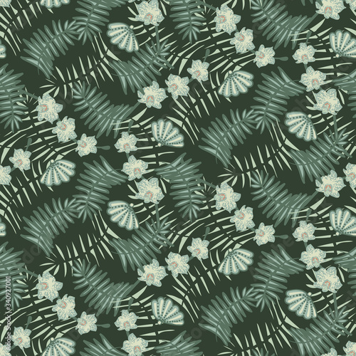 Fototapeta Naklejka Na Ścianę i Meble -  Orchids, palm leaves, and seashells seamless vector pattern in shades of dark green. Tropical vacation themed surface print design. For fabrics, stationery, and packaging.