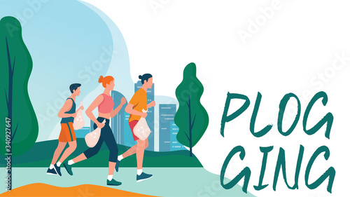 Plogging banner. People pick up trash during a jog. Woman and man
