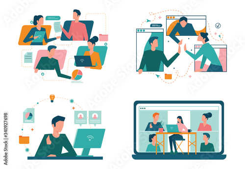 Remote working concept set. Telework and global outsourcing,