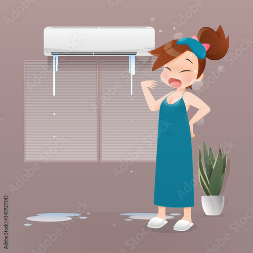 illustration woman sleepless because of the broken air conditioner at night, A girl in green nightgown suffering from the heat at the bedroom.
