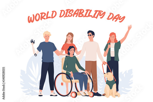 World disability day. Disabled people standing together.