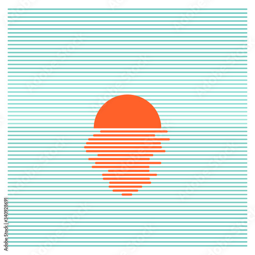 Sunset in ocean - striped background. Vector line art