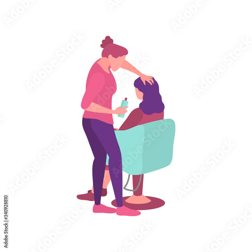 Beauty female barber washing clients hair using shampoo or coloring conditioner. Cartoon girl sitting in armchair and getting hair care. Stylish hairdresser grooming hair. Flat vector illustration.