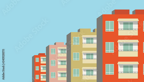 Tablou canvas Vector illustration of row of modern multicolored multistory high-rise residential apartment building houses