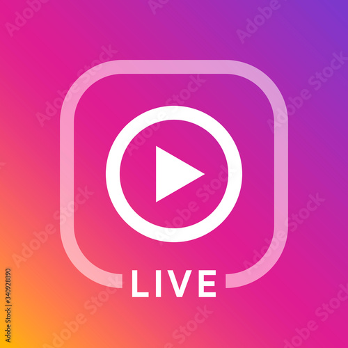 Live icon for social media. Instagram style streaming sign. Broadcasting logo. Play button. Online blog banner. Vector illustration