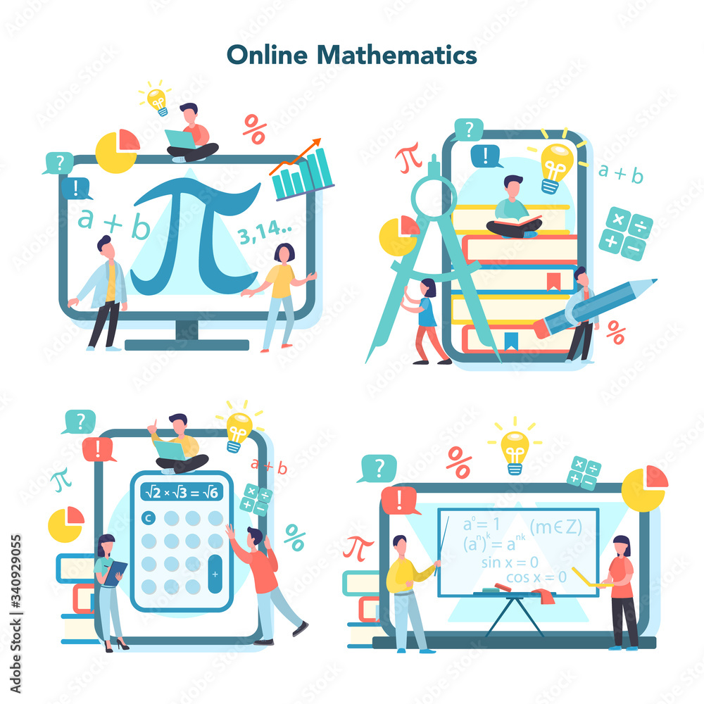 Online math course set. Learning mathematics in Stock Vector