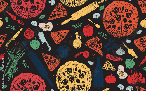 Pizza Pattern. Vector illustration.  Doodle style. Pizzeria background.
