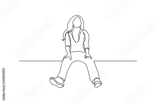 Girl sitting high with dangling feet in continuous line art drawing style. Minimalist black linear sketch isolated on white background. Vector illustration