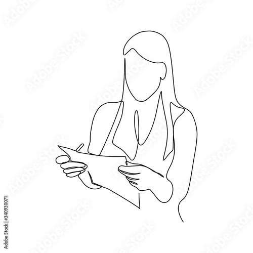 Woman with paper document in hands in continuous line art drawing style. Businesswoman minimalist black linear sketch isolated on white background. Vector illustration