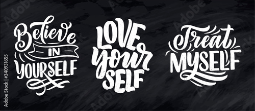 Set with selfcare lettering quotes for blog or sale. Time to something nice. Beauty, body care, premium cosmetics, delicious, ego. Modern calligraphy. Vector design prints