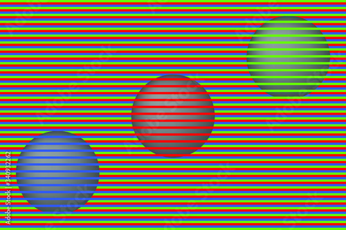 Optical illusion, three grey balls, rgb illustration color theory educative retro show up