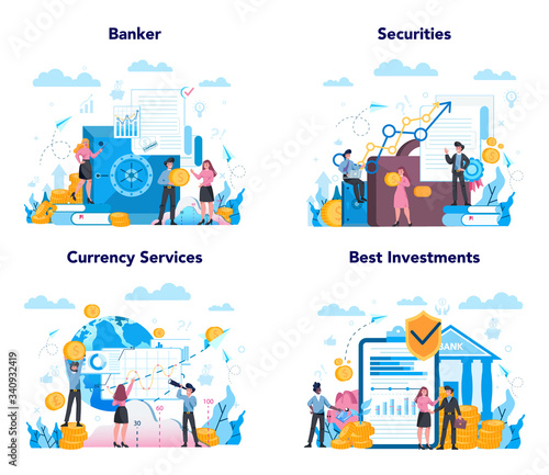 Banker or banking concept set. Idea of finance income, money saving