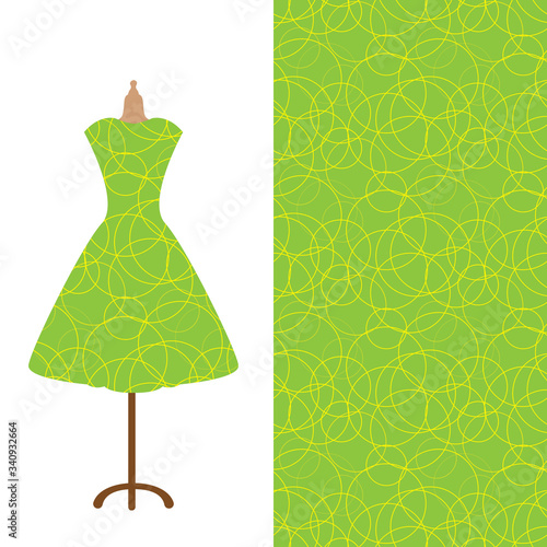 Women's long dress mock up with bright seamless hand drawn pattern for textile, paper print.