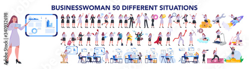 Set of business woman or office worker character with various poses
