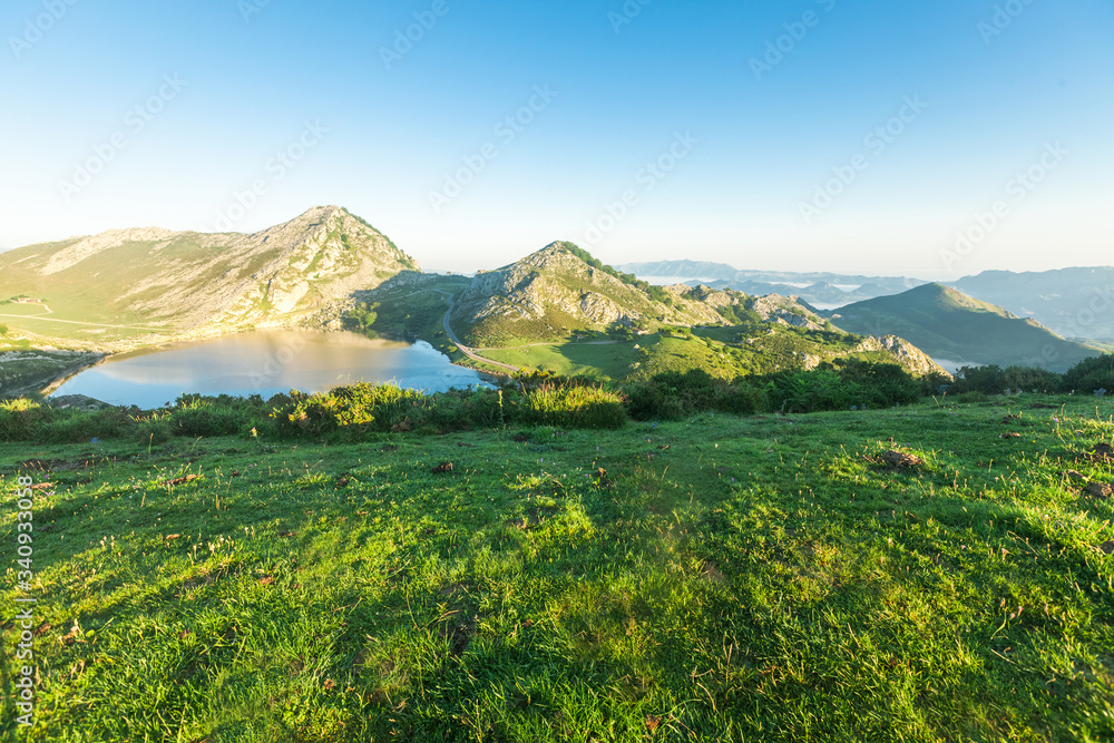 views of the mountain lake of the national park peaks of europe