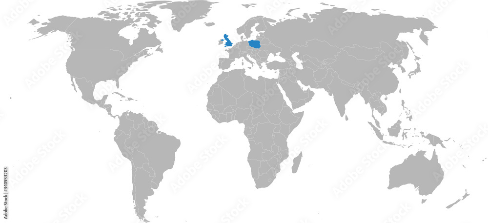 Poland, United kingdom, countries highlighted on world map. Business concepts, diplomatic, trade, transport relations.