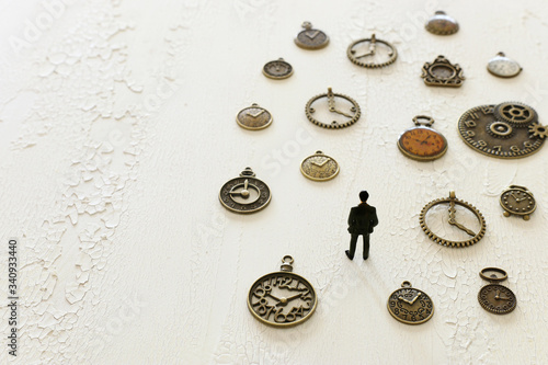 surreal concept image of person looking at many vintage clocks photo