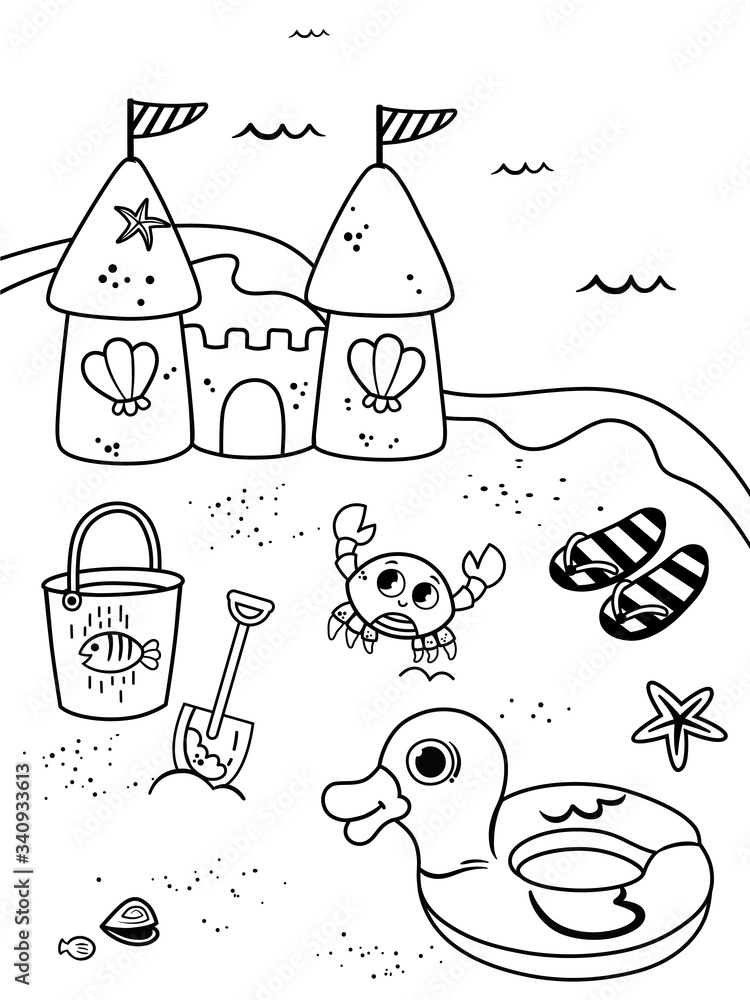 Coloring Page For Kids In Beach Theme. Vector Illustration. Stock