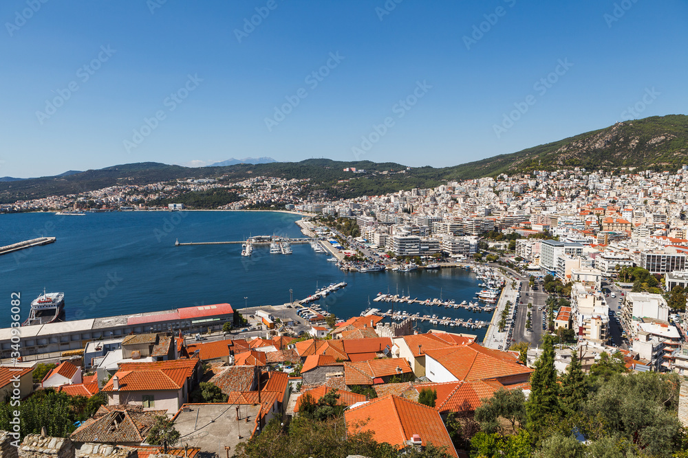Obraz premium Aerial panoramic view of Greek resort Kavala, big port with old fortress and old town
