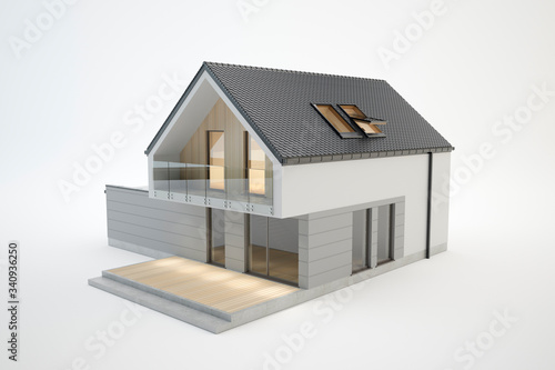 Modern house - 3D model isolated on white, 3D illustration 
