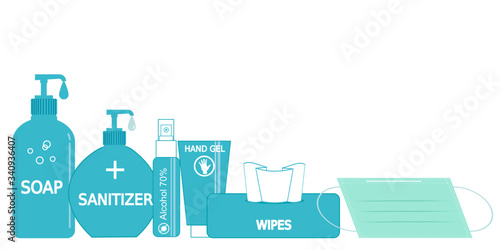 A set of cleaning item isolated on white background. Items for stop spreading germs, viruses and illness. There’re soap dispenser, sanitizer, alcohol spray, hand gel, cleaning wipes and face mask.
