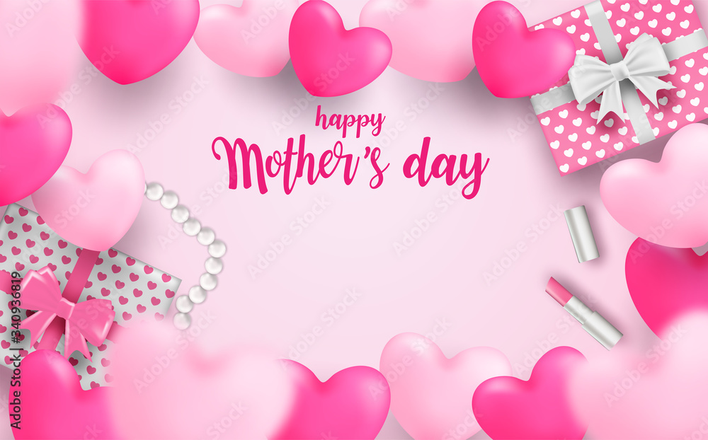 Happy Mother's day. Design with gift box, lipstick ,pearl and heart on soft pink background. light and shadow. Vector.