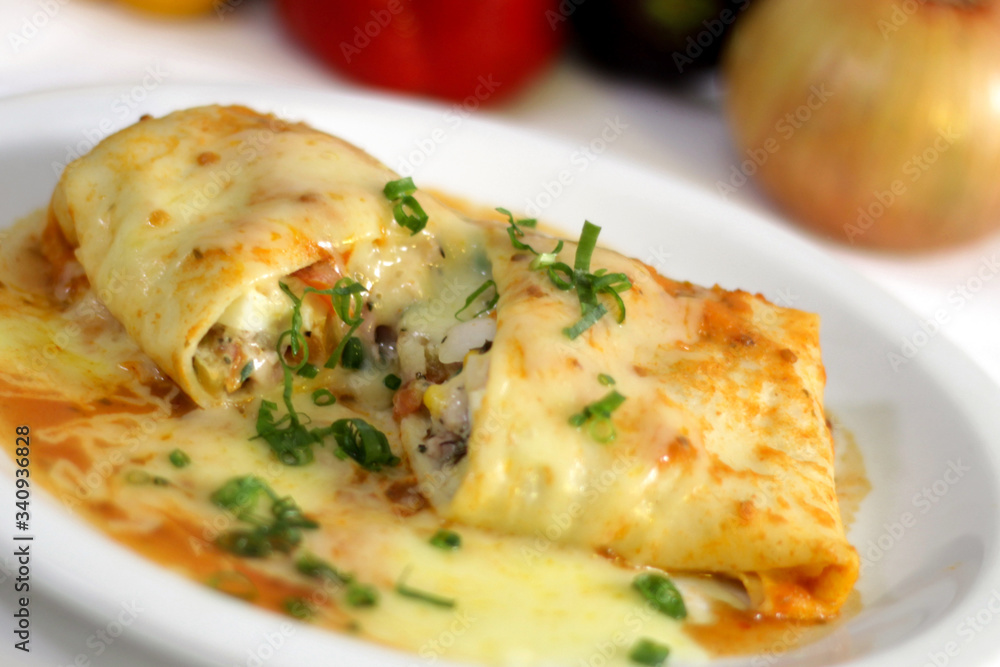 chicken pancakes with vegetables, delicious brazilian food, selective focus