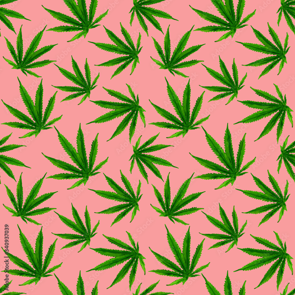 Naklejka premium Marijuana gouache seamless pattern . Hemp marijuana, hemp leaves on coral background. Green smoke hashish narcotic.