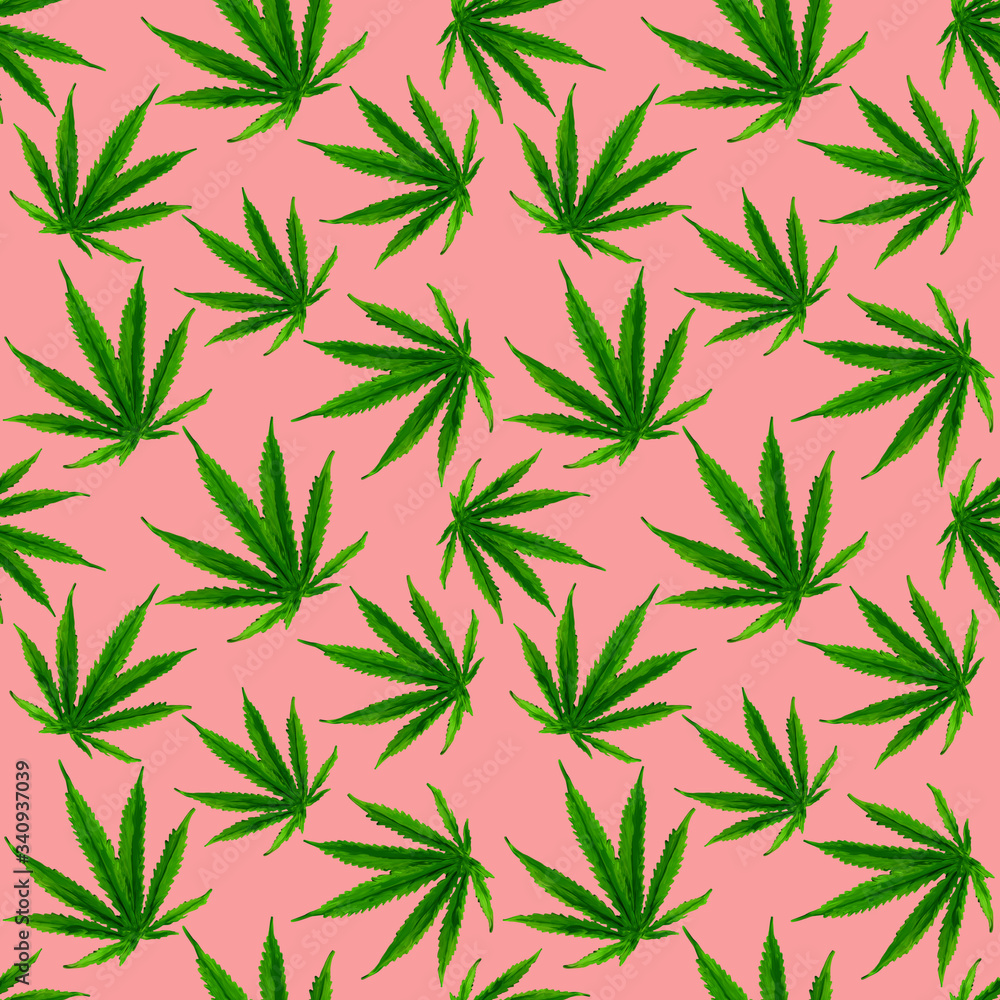 Marijuana gouache seamless pattern . Hemp marijuana, hemp leaves on coral background. Green smoke hashish narcotic.