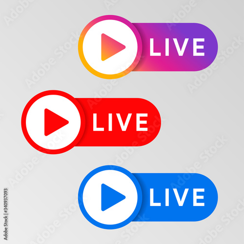 Social media live badge. Instagram, youtube, facebook style banner. Streaming and broadcasting icon. Red. blue and purple color sign set. Vlog airing sticker. Vector illustration. photo