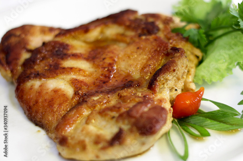 healthy meal with grilled chicken, selective focus