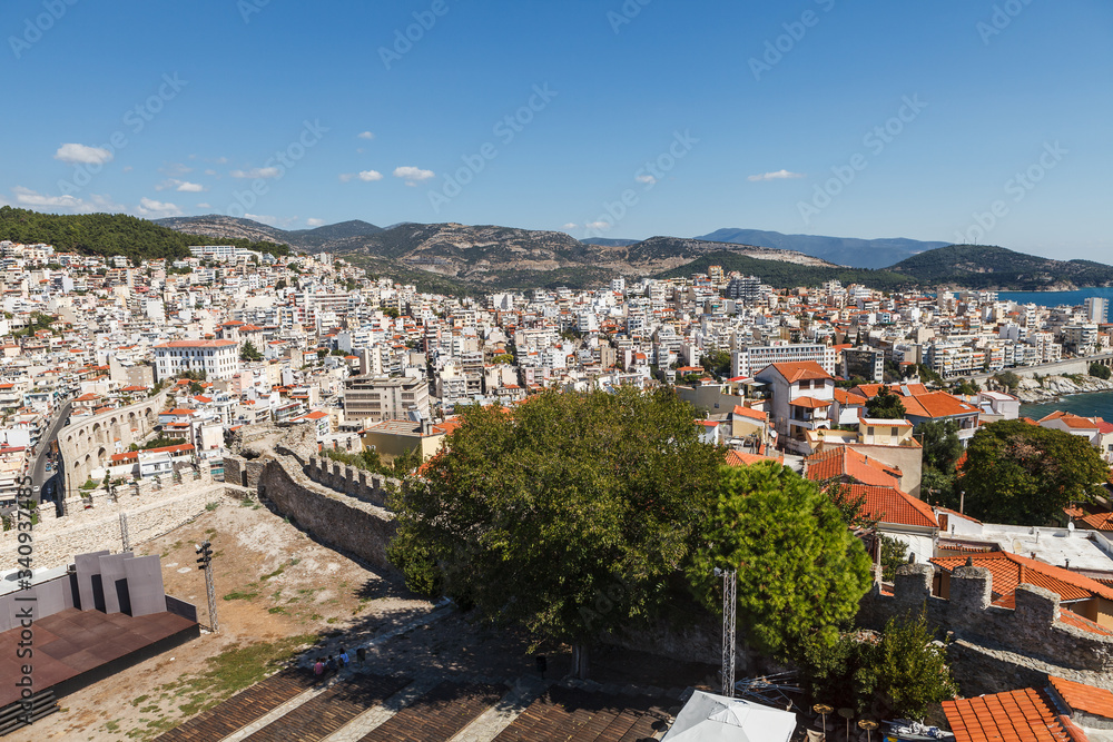 Aerial panoramic view of Greek resort Kavala, big port with old fortress and old town