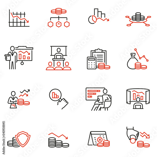 Vector Set of Linear Icons Related to Profit Decline, Finance Segression, Stagnation. Mono line pictograms and infographics design elements