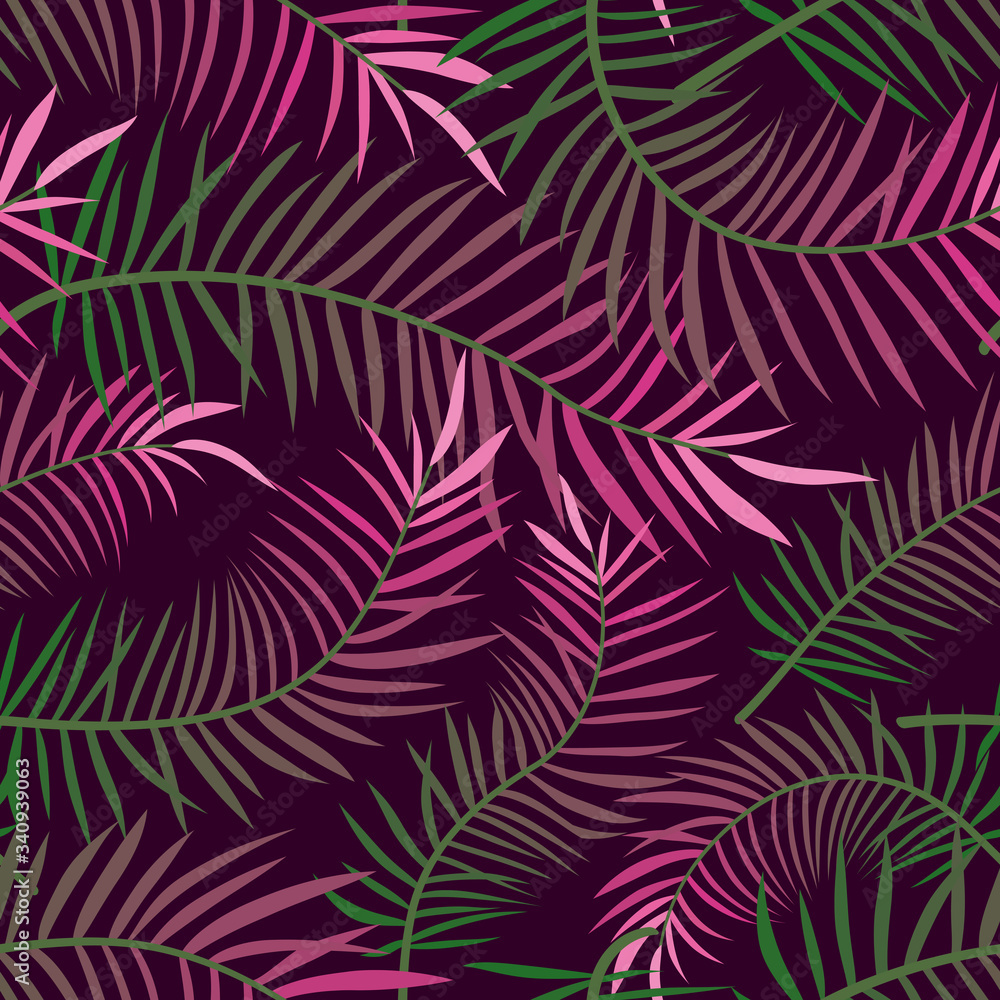 Abstract palm leaves dark seamless pattern.