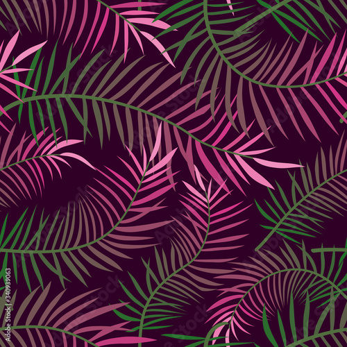Abstract palm leaves dark seamless pattern.