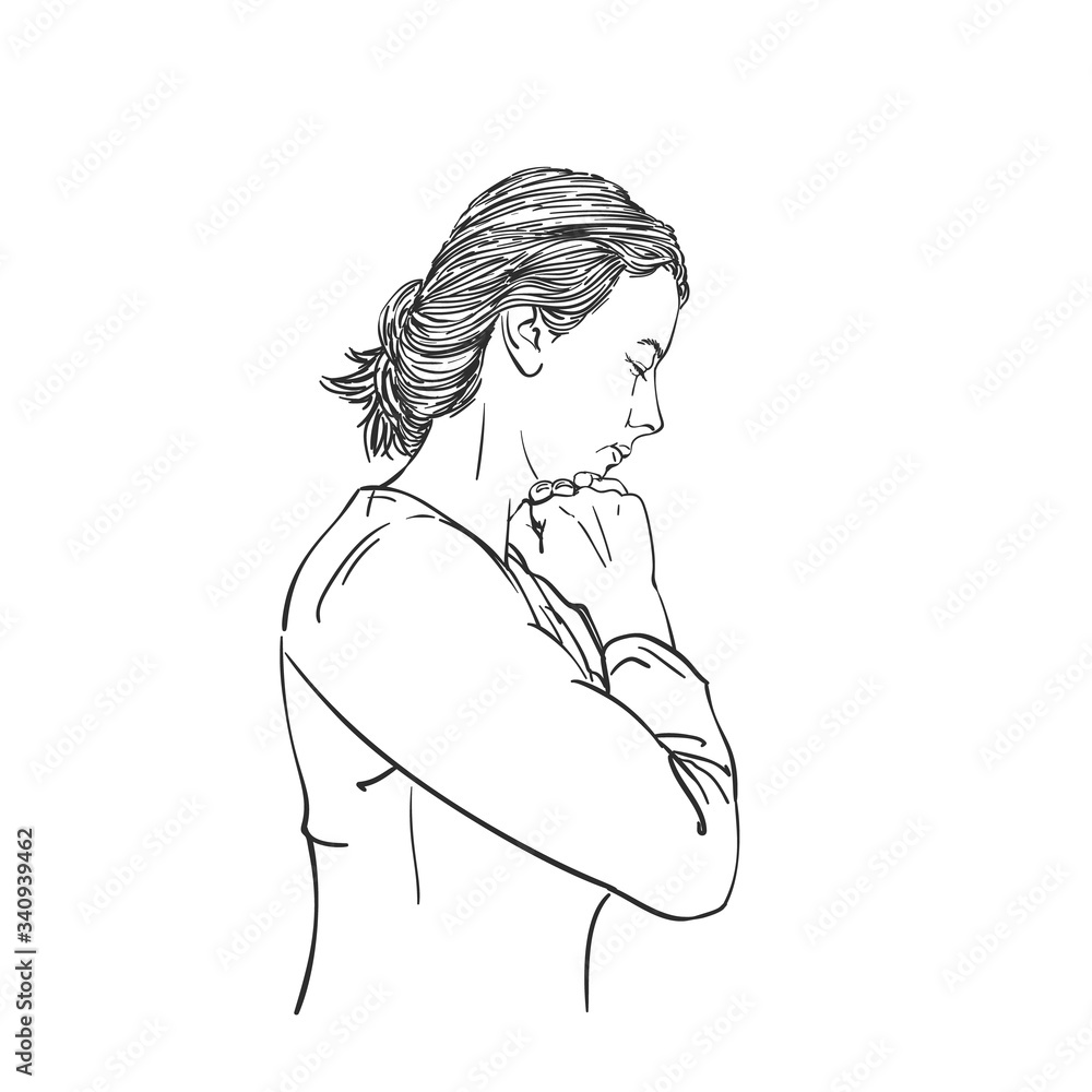 Sketch of woman praying with fists under chin, head down and eyes closed in hope, Hand drawn vector illustration Sketch of woman praying with fists under chin, head down and eyes closed in hope, Hand drawn vector illustration