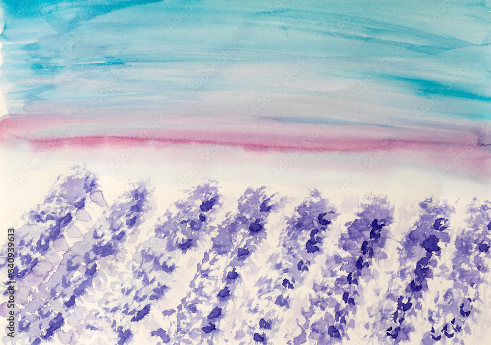 Places series. Lavender field. Abstract watercolor background