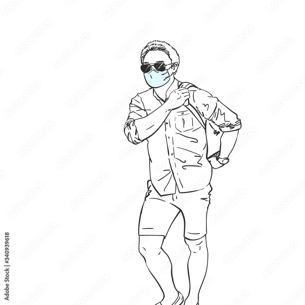 Coronavirus. Walking man in medical face mask and sunglasses, Hand drawn linear illustration, Vector sketch Coronavirus. Walking man in medical face mask and sunglasses, Hand drawn linear illustration, Vector sketch