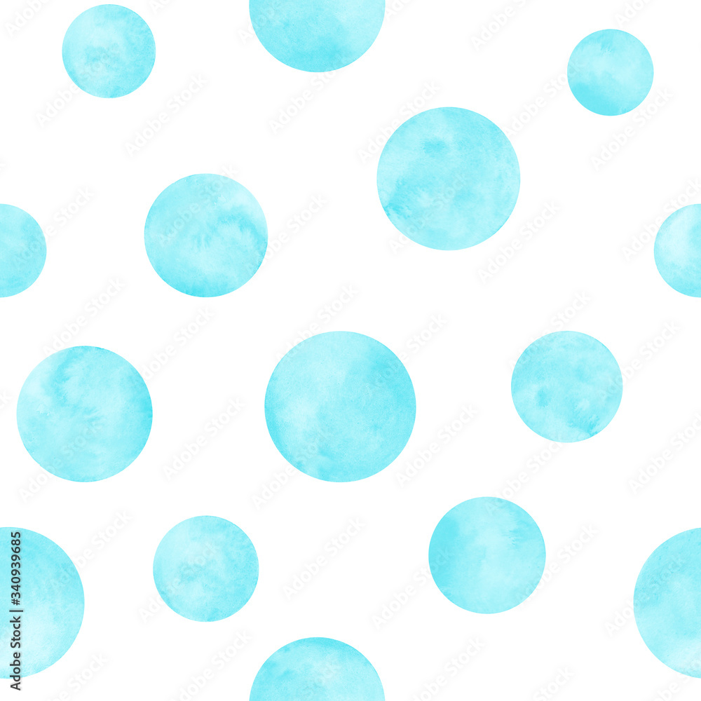 Polka dot blue, teal, turquoise watercolor seamless pattern. Abstract watercolour background with color circles on white Polka dot blue, teal, turquoise watercolor seamless pattern. Abstract watercolour background with color circles on white