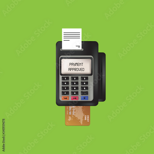 Vector payment machine and credit card. POS terminal confirms the payment by debit credit card, invoce.